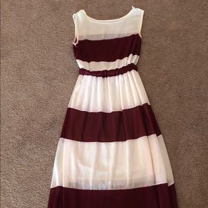 Maroon and white striped midi dress